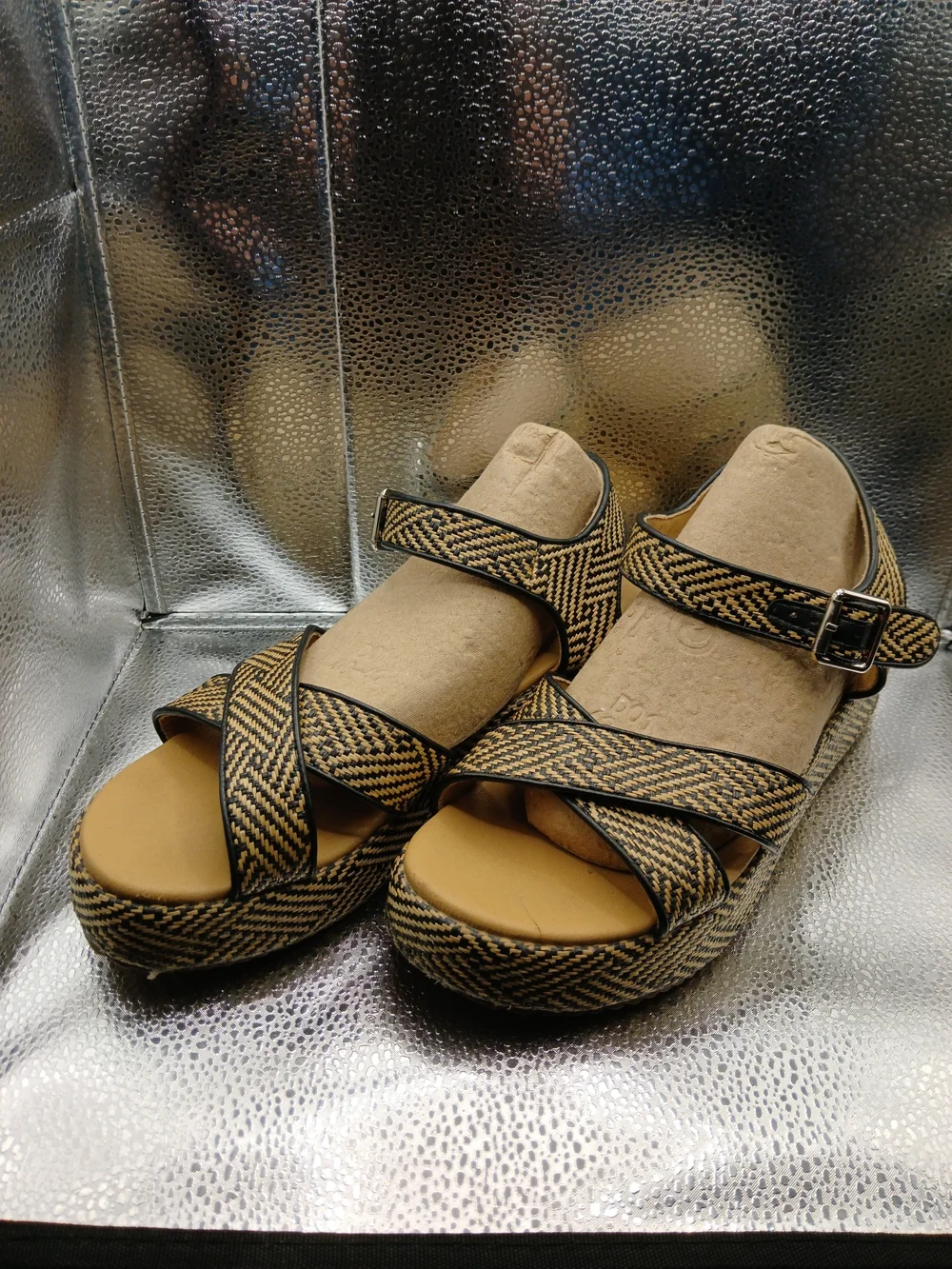 Woven Crisscross Platform Sandals in Black and Tan - Women's Summer Wedges